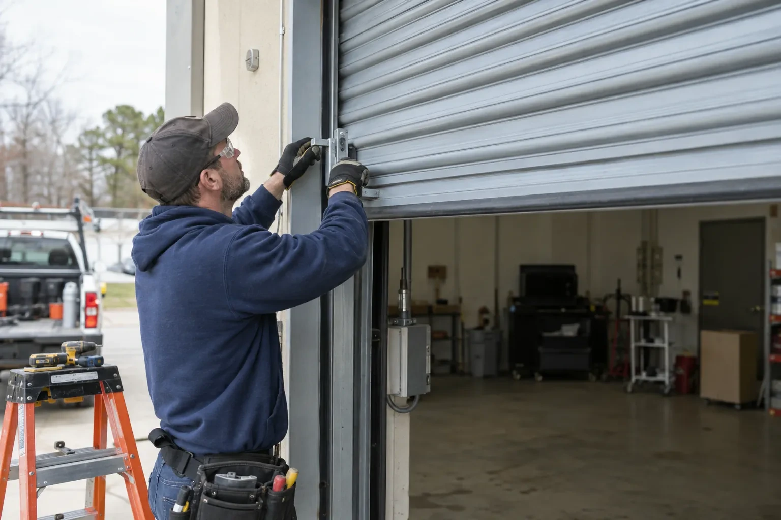 Illustrative garage doors scene; not an actual job