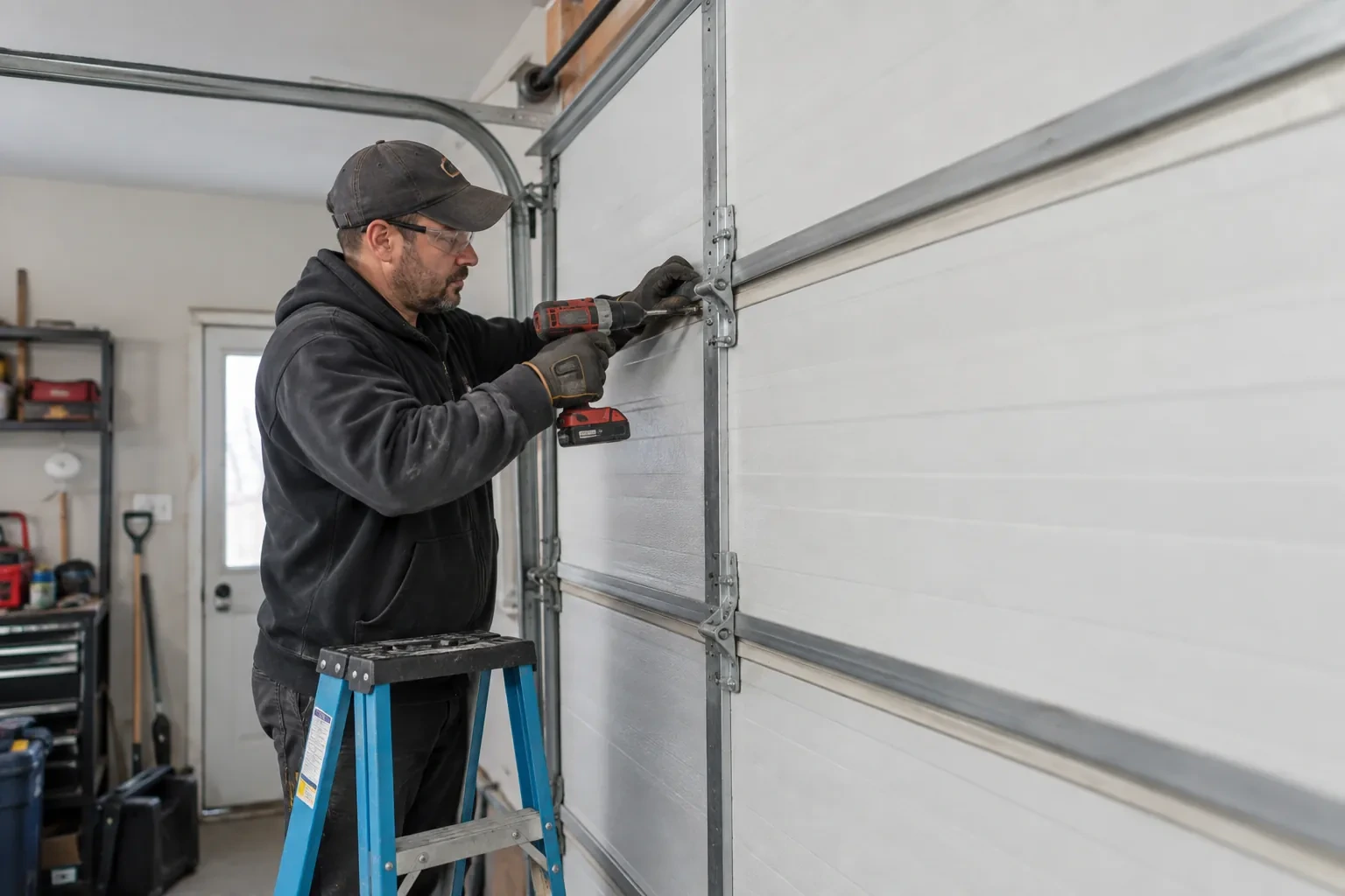 Illustrative garage doors scene; not an actual job