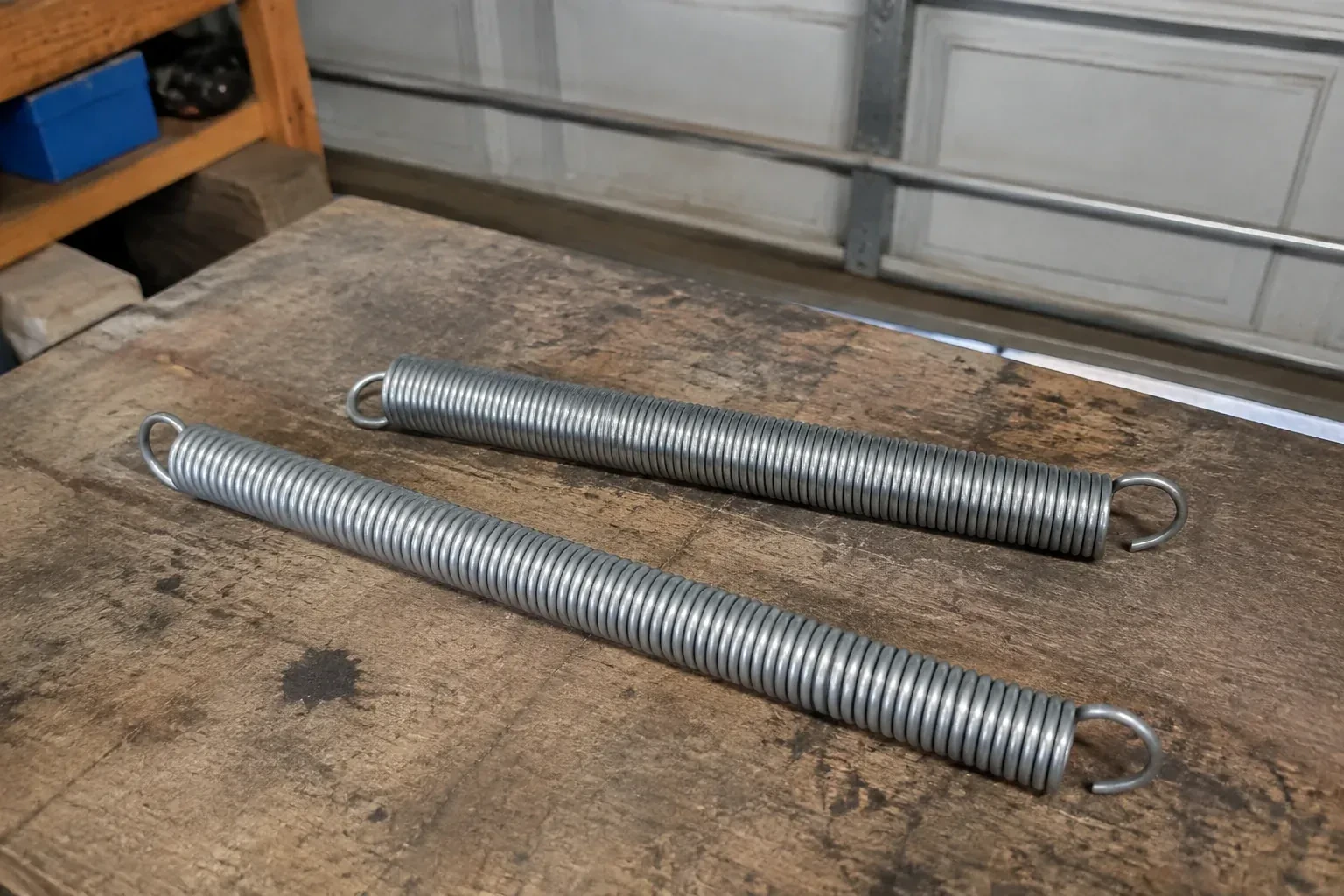 Two detached extension springs with hooked ends on a garage bench. — Extension Spring Replacement, Toronto
