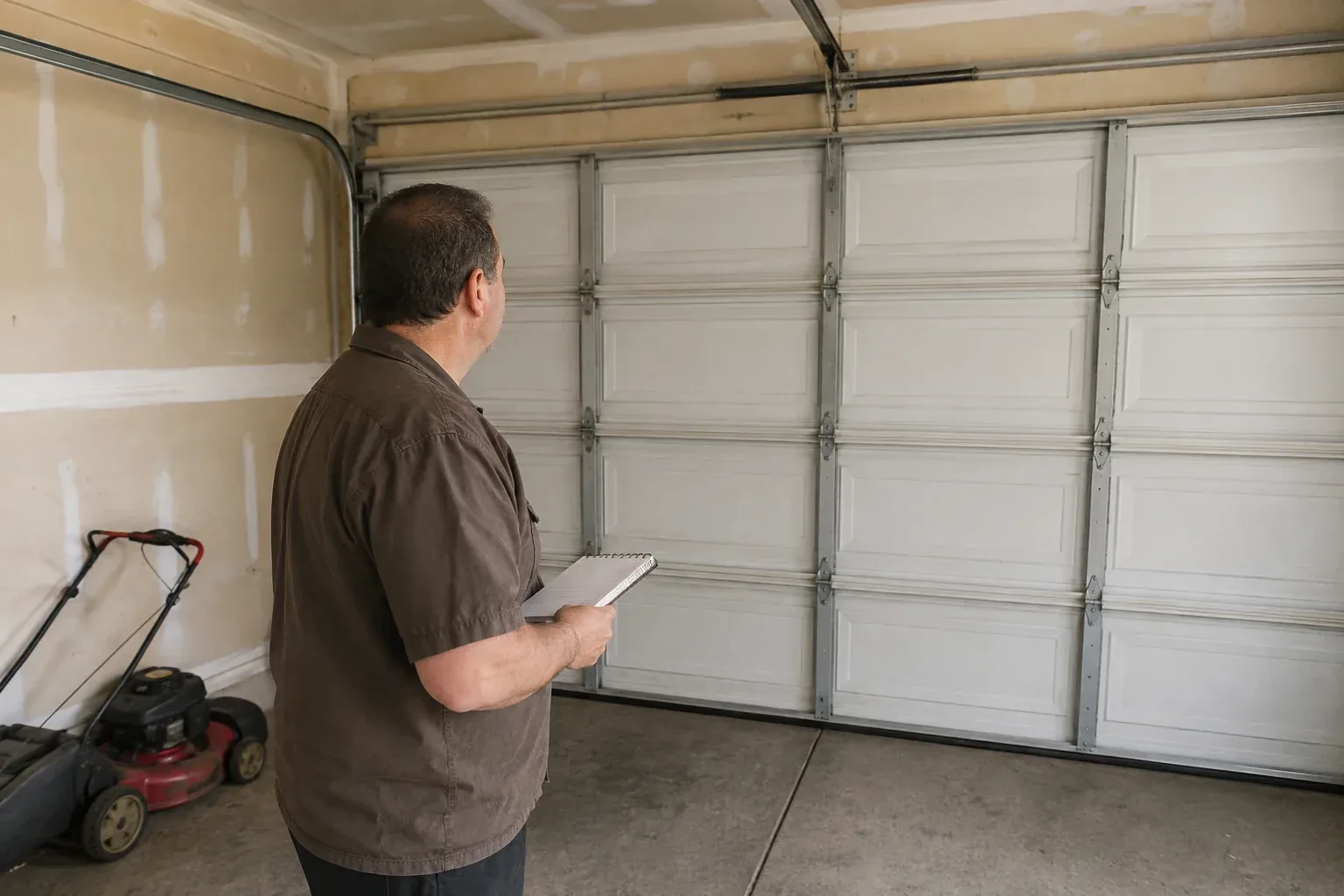 Technician holding a notebook while looking at a closed sectional door. — Garage Door Balance Adjustment, Toronto