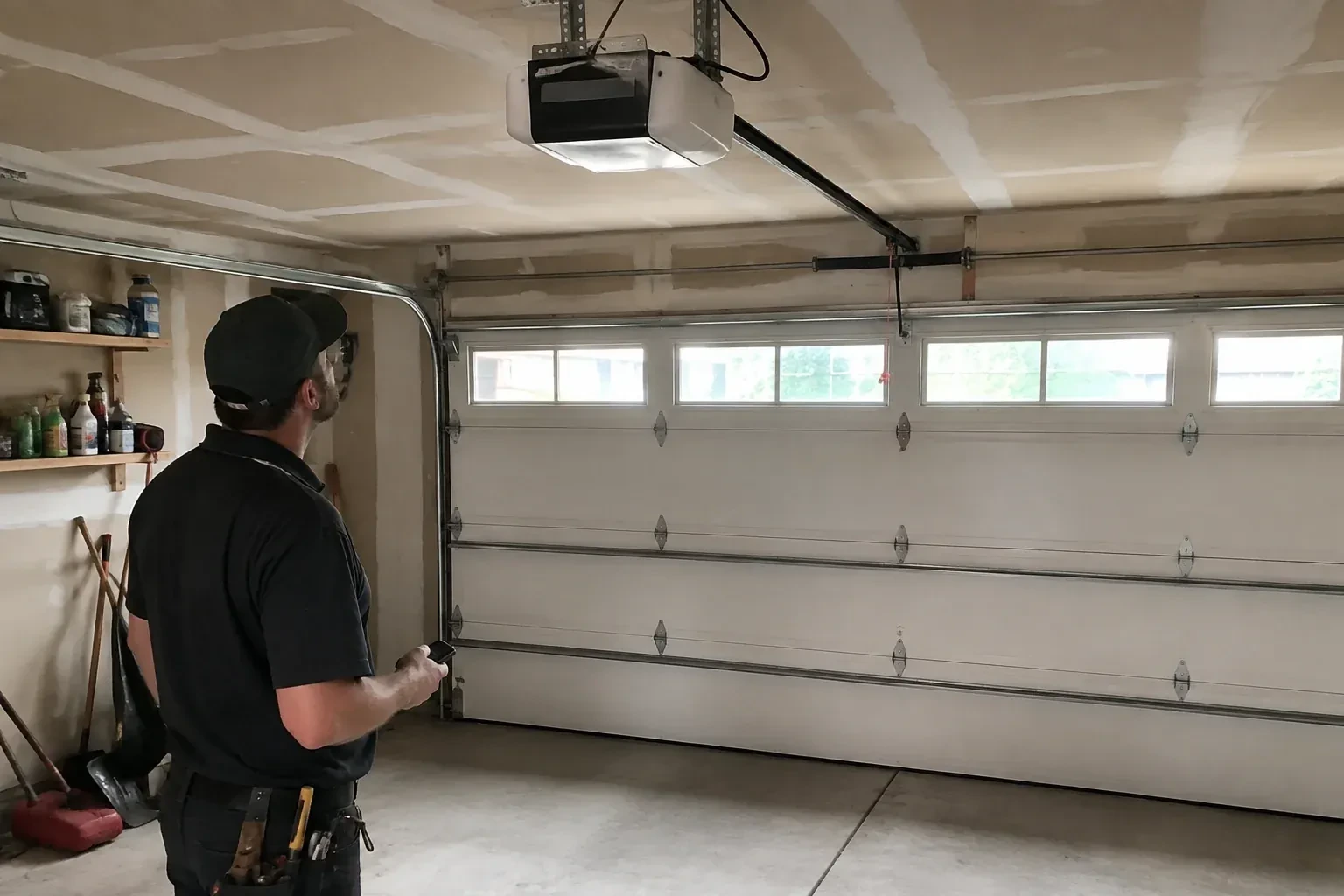 A person looks at an overhead opener above a closed garage door with a row of windows. — Garage Door Opener Replacement, Toronto