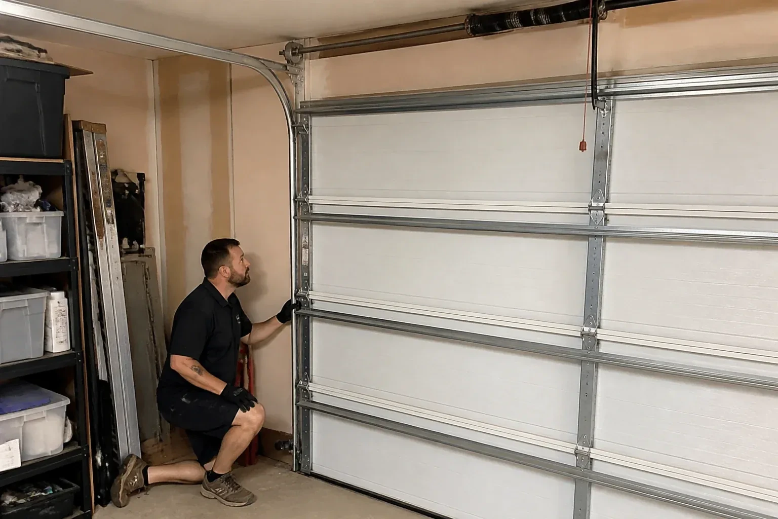 A person examines the vertical side track of a closed garage door. — Garage Door Track Repair or Replacement, Clarks Corners