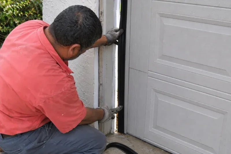 Gloved person holding a black strip along the side of a sectional garage-door opening — Garage Door Perimeter Weatherstrip, Clarks Corners