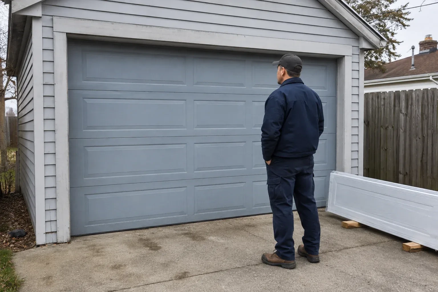 A person examines a blue-grey sectional garage door with a packaged door panel resting beside the driveway. — Sectional Garage Door Replacement, Toronto