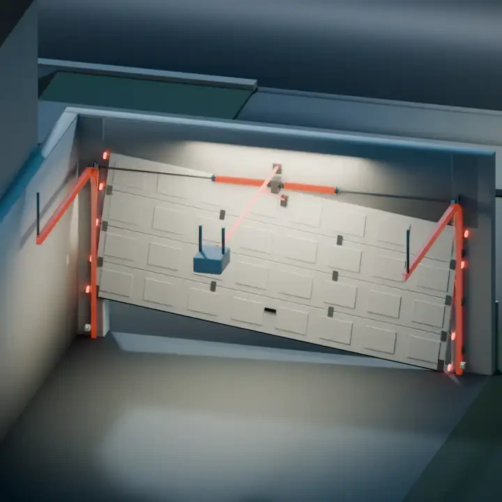 Illustration: inside the garage, the whole door seen from behind, springs, cables, rollers and the opener rail picked out in red